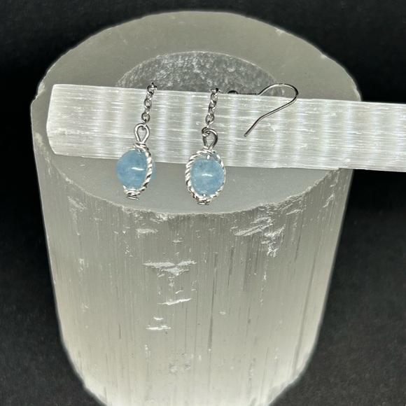 Aquamarine bead earrings dangle drop gemstone statement handmade stainless steel - Picture 4 of 5